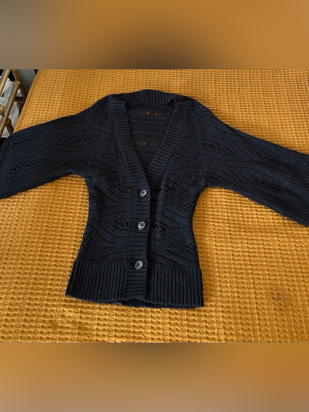 Club Monaco Black Open Stitch Pointelle Knit Cardigan with batwing sleeves